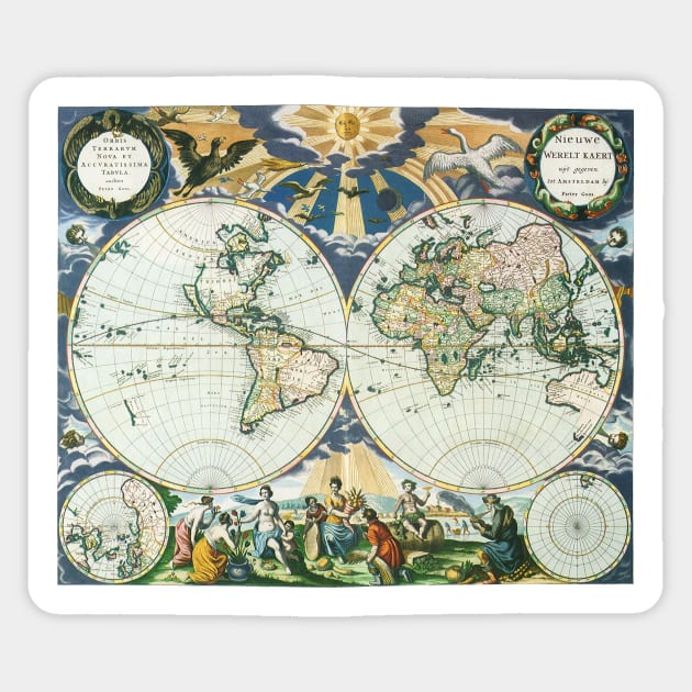 Antique Old World Double Hemisphere Map by Pieter Goos Sticker by MasterpieceCafe